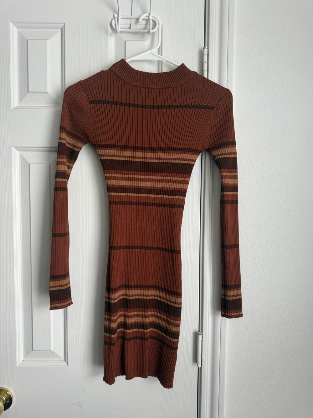 Brown Striped Ribbed Long Sleeve Mini Dress